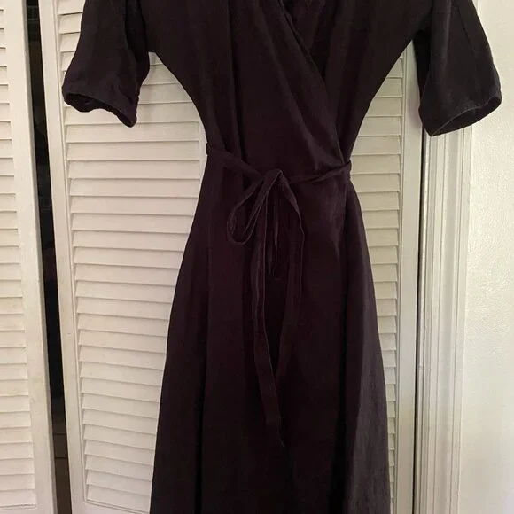 Black Linen Midi A-Line Wrap Dress by LinenHandmadeStudio - Picture 2 of 4
